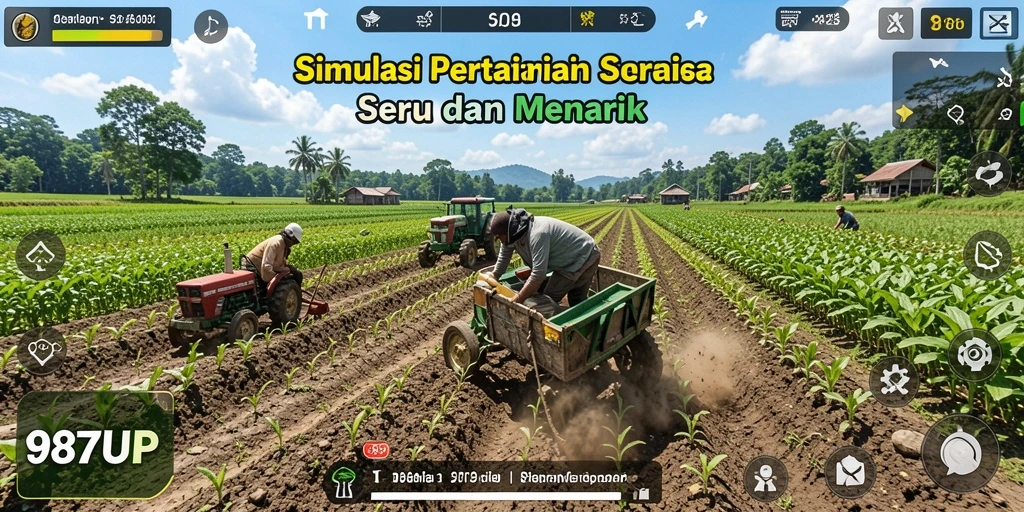 Tampilan gameplay 987UP dengan lahan pertanian yang luas dan tanaman hijau subur.