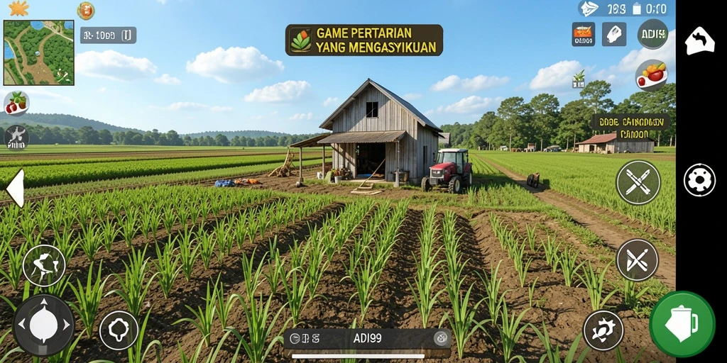 Gameplay ADI99 yang menampilkan ladang hijau subur dan aktivitas bertani.