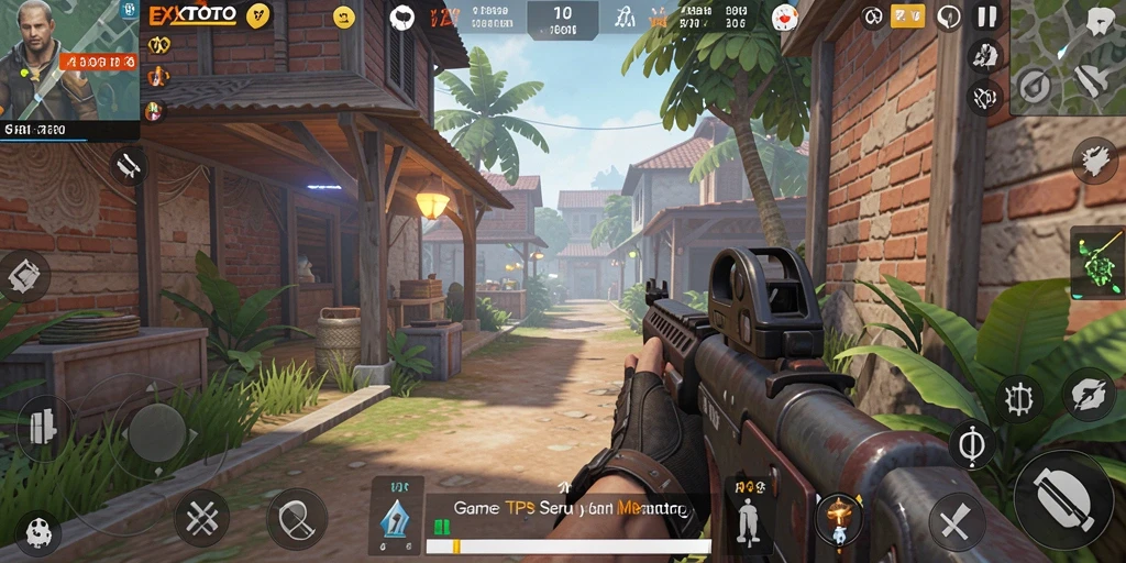 Tampilan gameplay EXOTOTO dengan aksi seru di medan tempur.