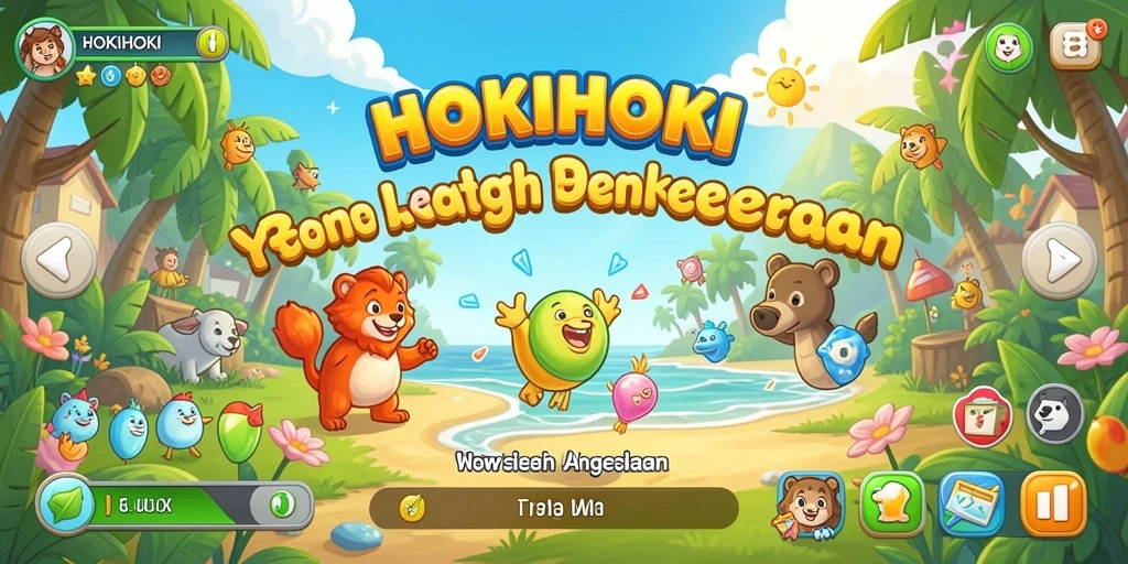 Screenshot menunjukkan gameplay HOKIHOKI yang ceria dan penuh warna.